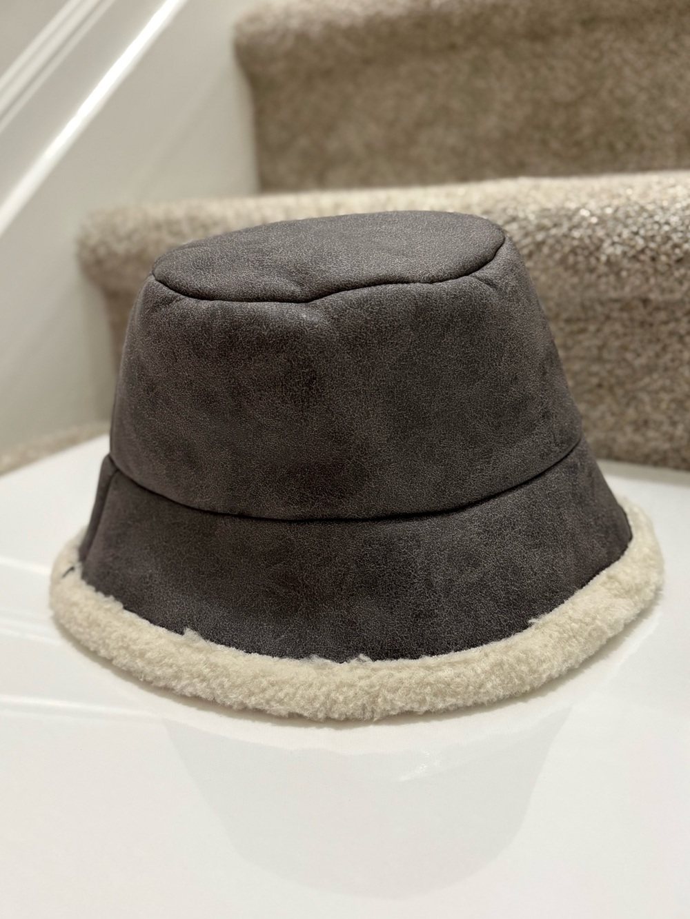 Mango Cream Sherpa Bucket Hat with Black Stitching